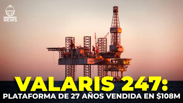 La plataforma petrolera jack-up VALARIS 247 en alta mar al atardecer, vendida por 108 millones de dólares tras 27 años de operación.
